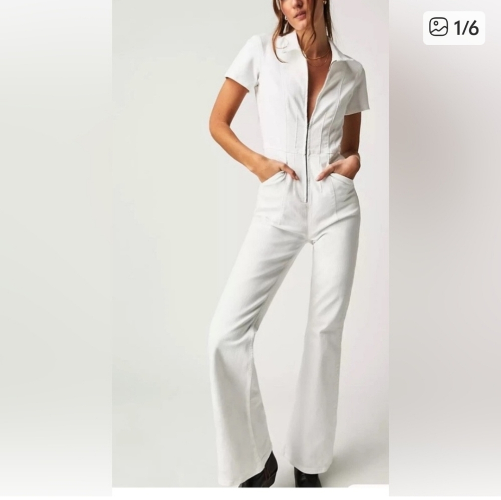 Free People Jayde Flare Jumpsuit We The Free Zip Up Stretch Denim White